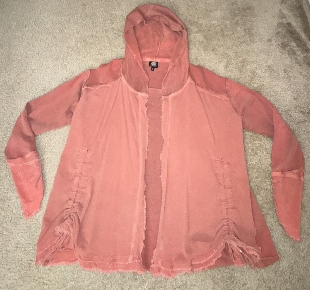 Bobeau Petite Womens Pink Hooded Open Front Cardigan Hoodie Frayed Cotton Knit